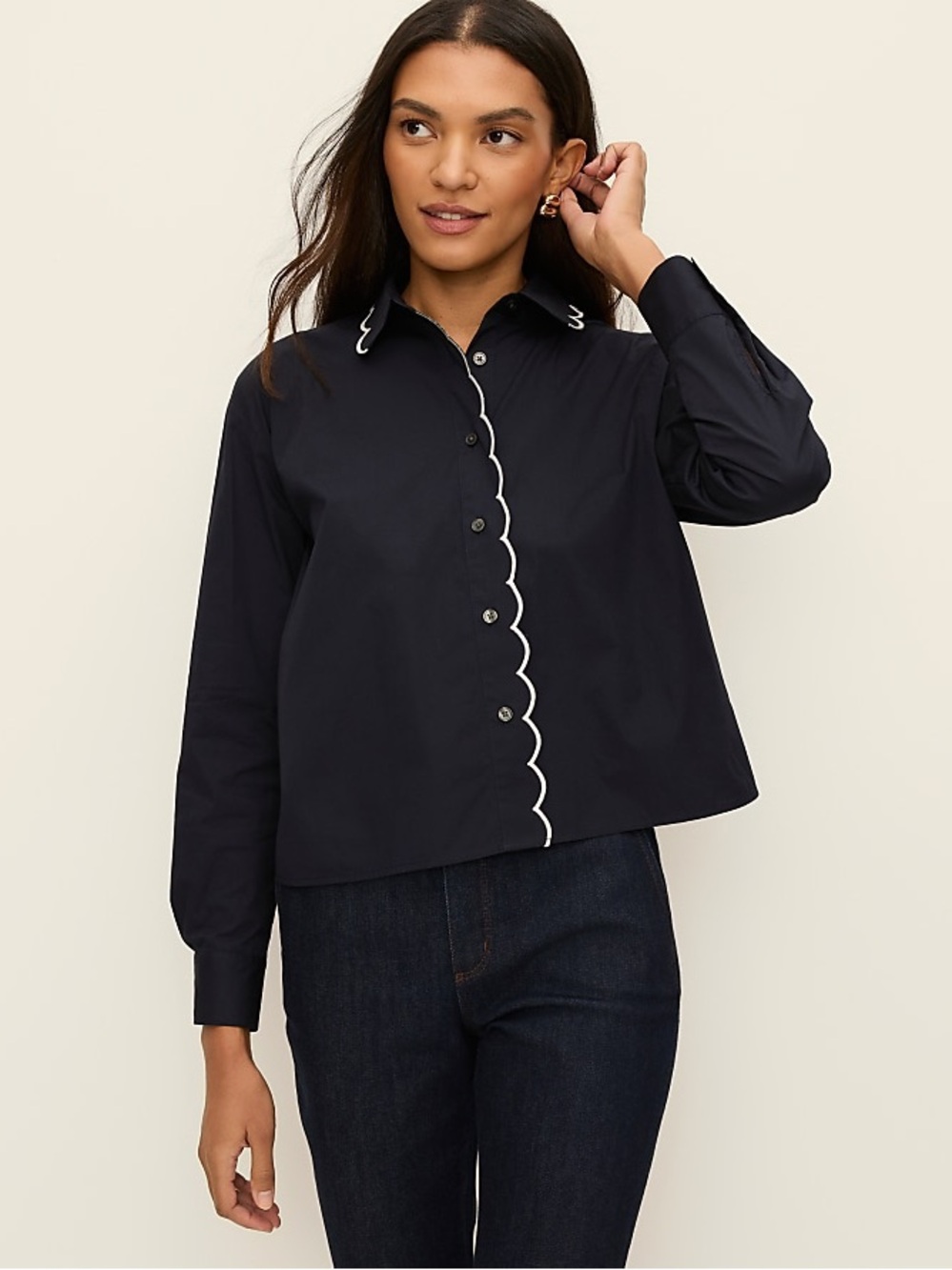 Ann Taylor Navy Button-Front Shirt with White Scalloped Trim